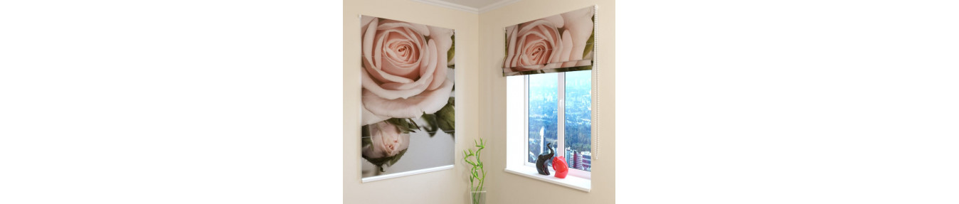 floral roman blinds. With wood, stones and water.