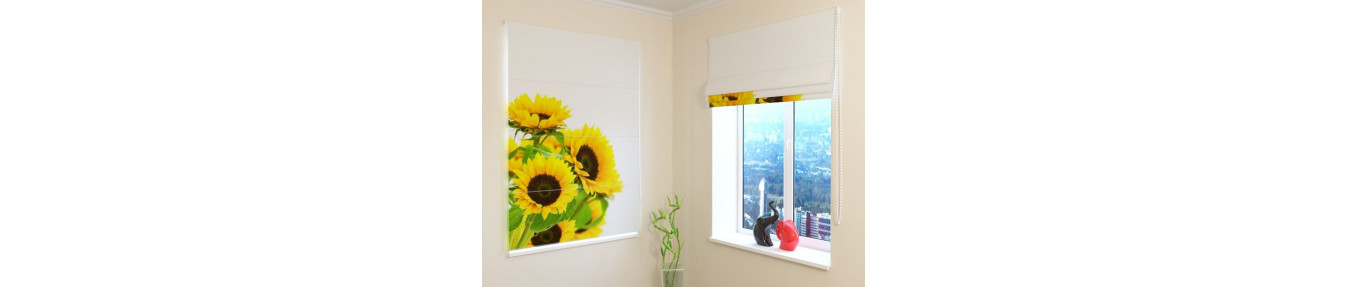 Roman blinds with tulips, sunflowers and iris flowers