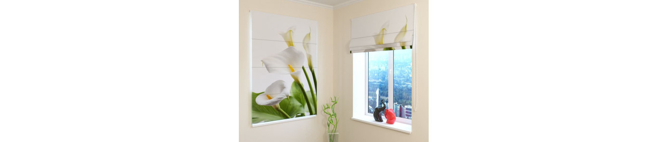 Roman blinds with lilies, poppies, sunflowers and calla flowers.