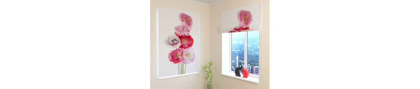 Roman blinds with hydrangeas, frangipani and many other flowers.