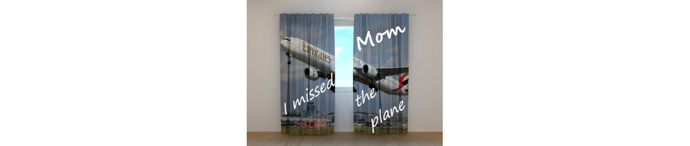 Tailor -made curtains. Curtains with planes in flight and take -off.