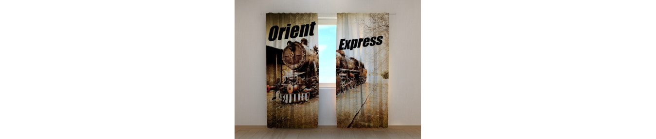 Tents with modern trains. Custom made curtains with vintage trains