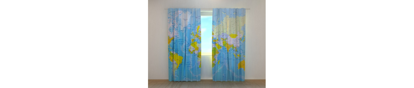 Three-dimensional curtains with globes. Curtains with compasses