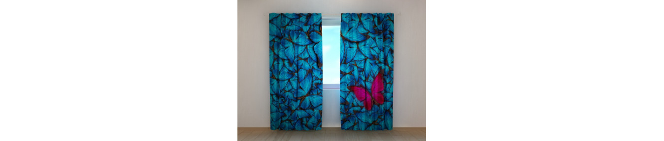 Colorful curtains with many beautiful butterflies and landscapes.