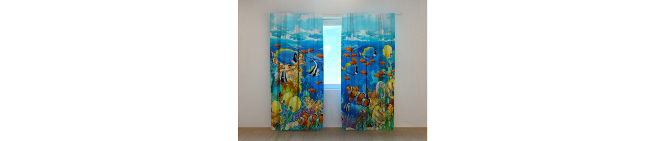 Curtains with fish. Tents with dolphins and turtles.