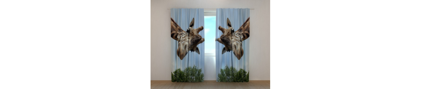 Curtains with giraffes. Three-dimensional. Realistic images.