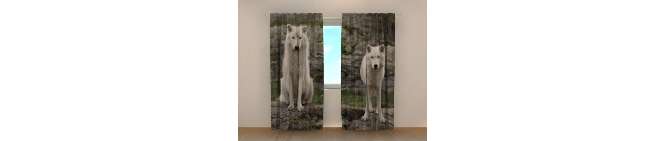 Custom made curtains with wolves. Three-dimensional and realistic.
