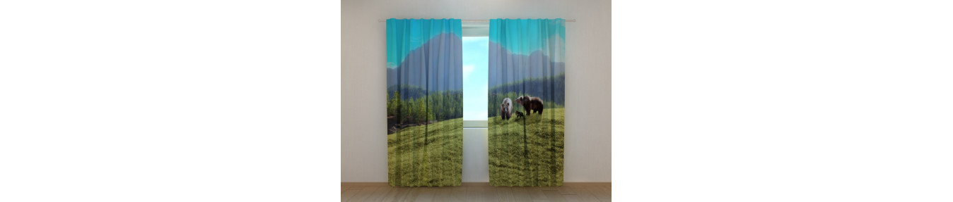 Alfaiate -cortinas feitas com ursos. Tridimensional e realista.