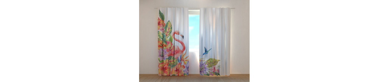 Three-dimensional curtains with flamingos. Tents with seagulls