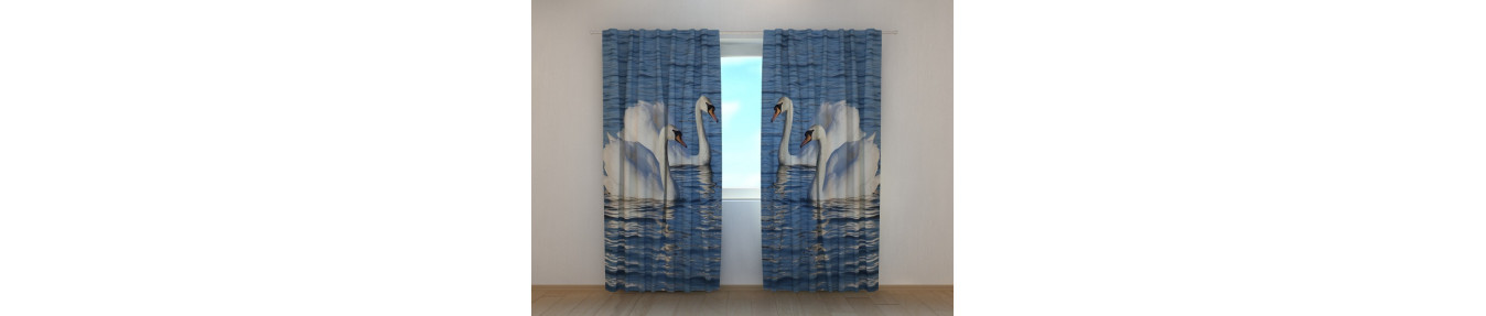 Custom made curtains with swans. Tents with doves and toucans