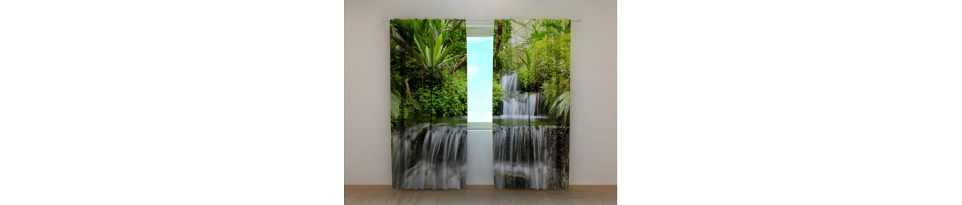 Custom-made and three-dimensional curtains with large and small waterfalls.