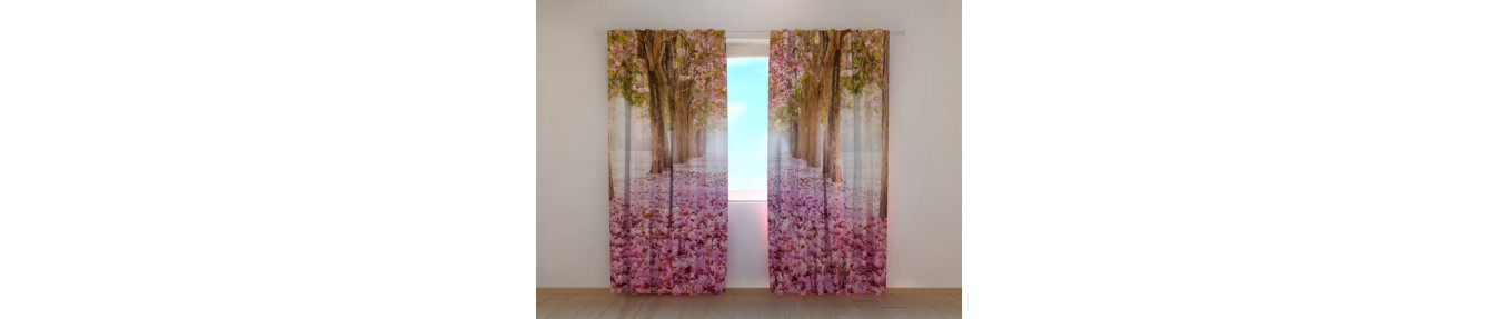 Dreidimensionale Vorhänge mit Alleen. Mit Bäumen und Blumen