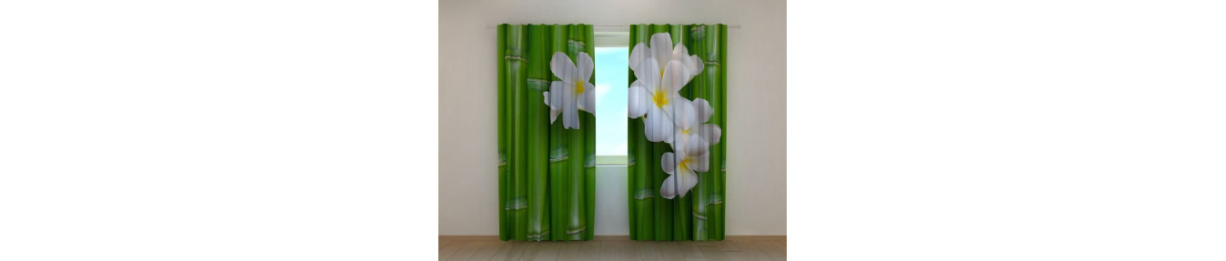 Beautiful and floral curtains with bamboo. Three-dimensional.