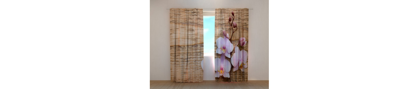 Curtains with wood and flowers. Three-dimensional and realistic.
