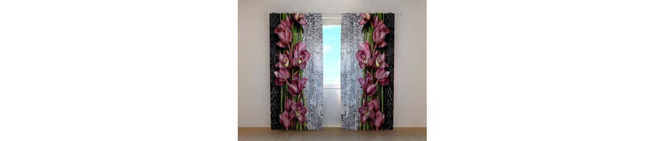 Three-dimensional curtains with flowers and dew. Tailored.