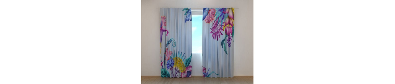 Curtains with leaves. Turquoises. Colorful. Artistic and strange