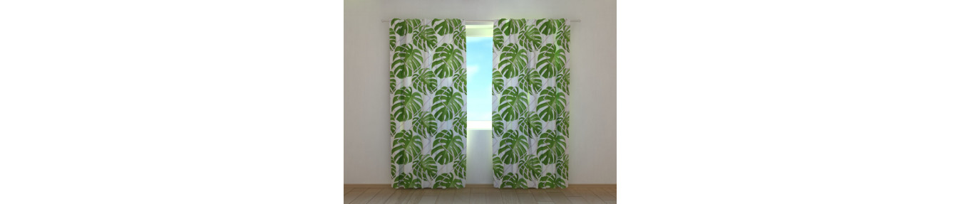 Curtains with green, tropical, ornamental and exotic leaves.