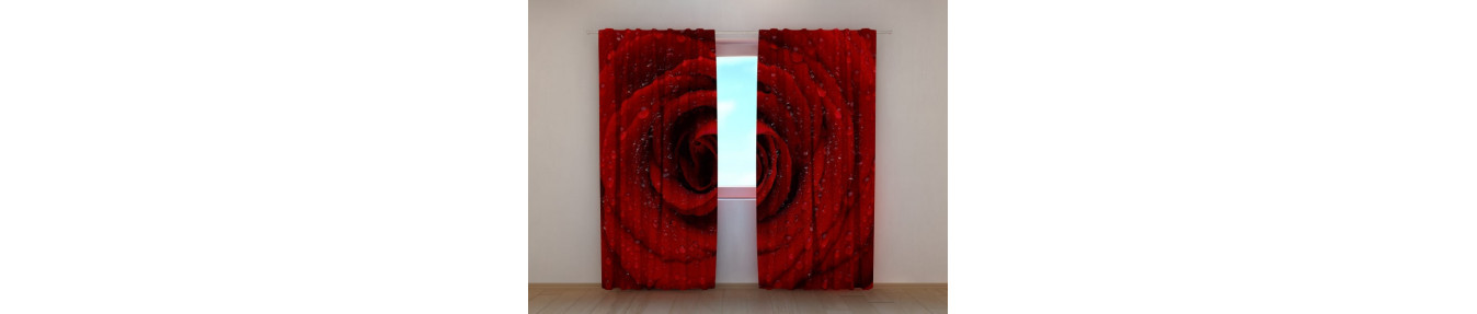 Three-dimensional curtains with roses of all types and colors.