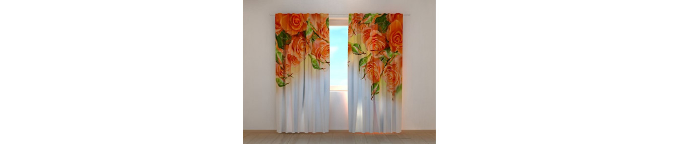 Curtains with bouquets of roses. Curtains with very colorful roses
