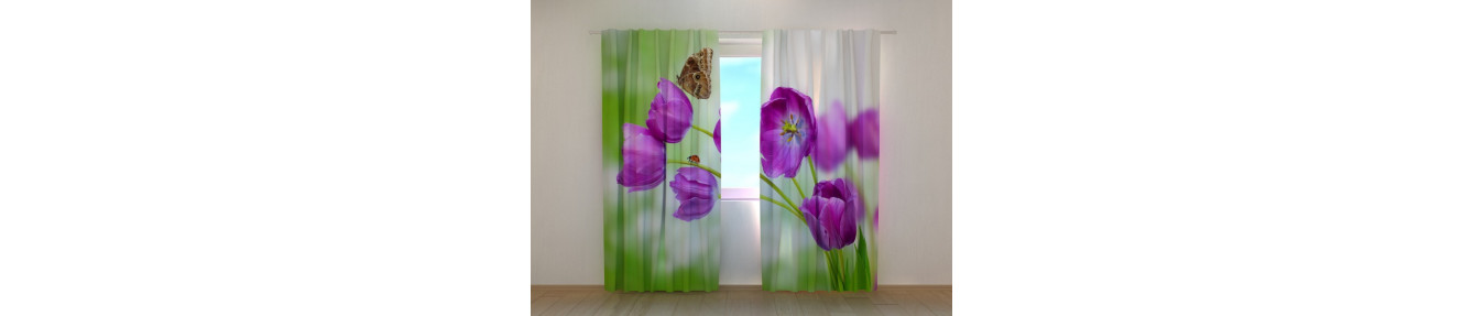 Botanical curtains with tulips. Curtains with gerbera flowers.