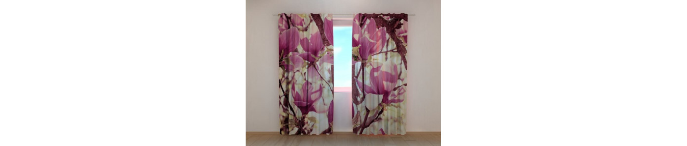 cortinas con magnolias. Cortinas tridimensionales y realistas.