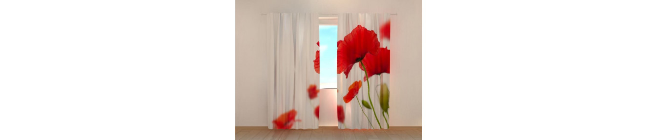 botanical and colorful curtains with poppies of all colors.