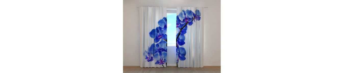 Cortinas tridimensionais com orquídeas. Realista e colorido.