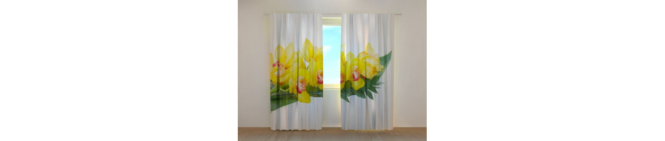 curtains with green orchids. Curtains with red and blue orchids.