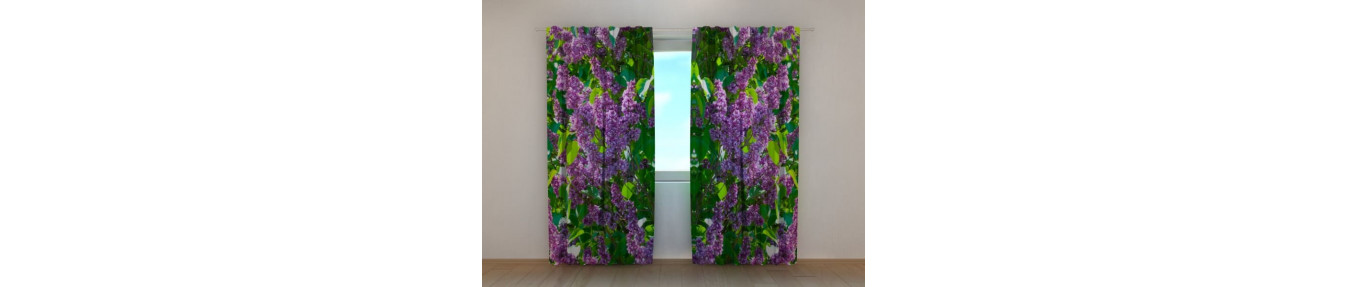 Curtains with butterflies and iris, dahlia and lilac flowers