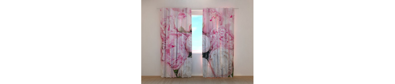 Curtains with hibiscus flowers, crocuses, peonies and chrysanthemums