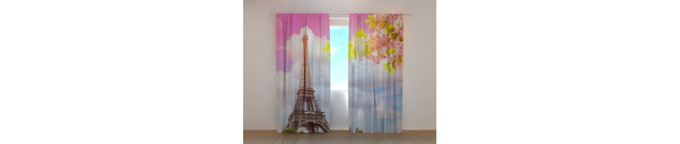 Curtains with the Eiffel Tower. Blinds with Paris. Curtains with Flowers