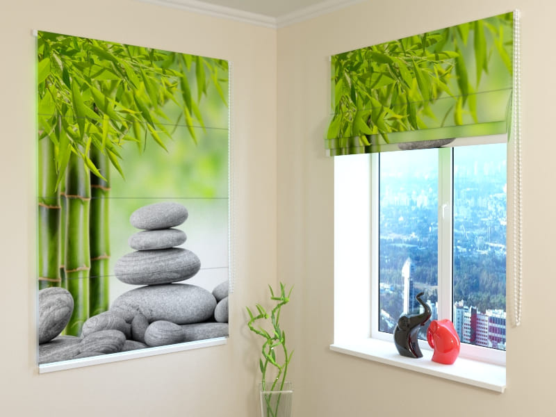 roman blinds - bamboo - stones and flowers