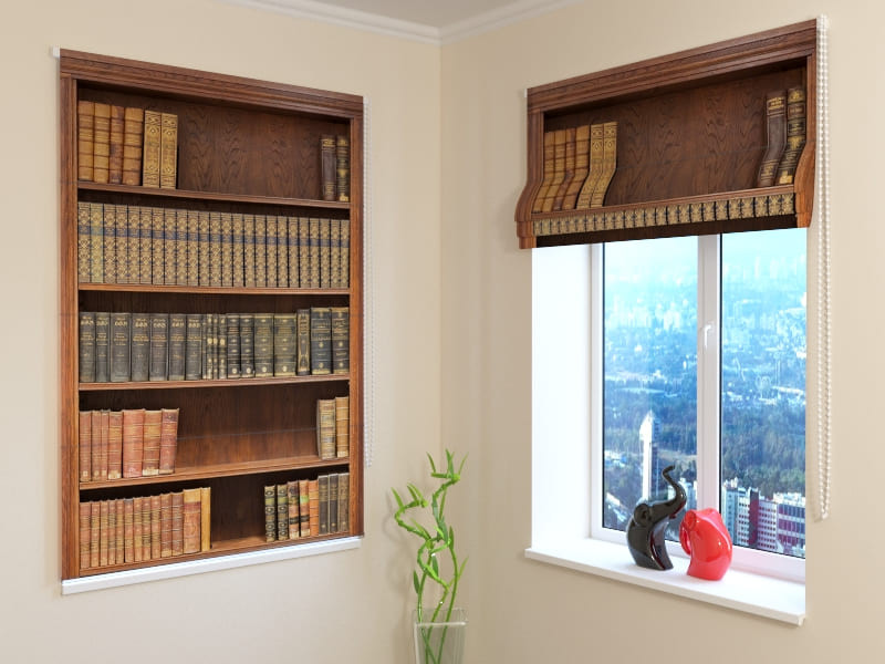 roman blinds - books and bookshelves